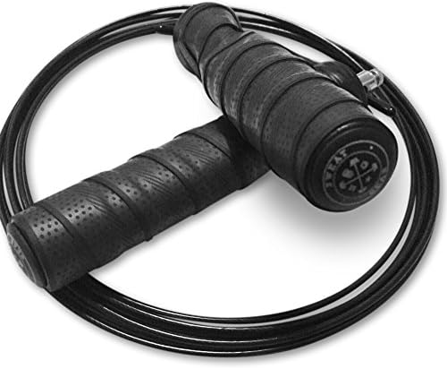 SweatGear Fast Speed Jump Rope, Black/Red/Blue/Yellow NoSlip Grip, Ball Bearing Handles, Adjustable, Heavy Duty Thick or Thin Cable, Boxing, Crossfit, WOD, Martial Arts, Weight Loss, Double Unders!