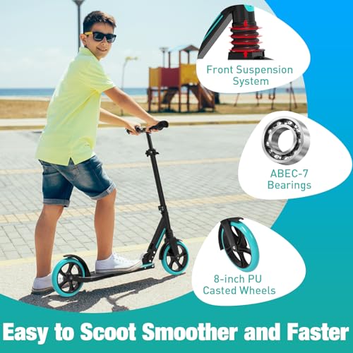 BELEEV Scooter for Kids Ages 6+, 200mm Big Wheel Adult Scooters for Boys and Girls, 4 Adjustable Handlebar, Front Suspension, 2 Wheels Scooter with Carry Strap, up to 100Kg
