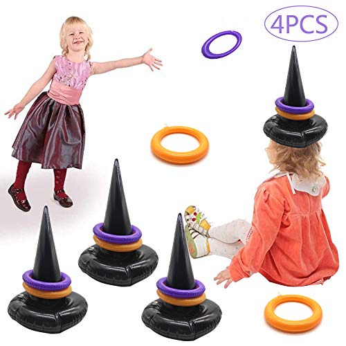 Halloween Ring Toss Game 4 Pcs Inflatable Witch Hat Ring Toss Game with 16 pcs Rings Perfect for Halloween Party Favors Halloween Party Game