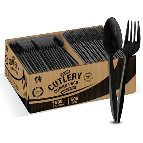 Photo 1 of 1000 Pcs Black Plastic Utensils Set - 500 Forks And 500 Teaspoons, Plastic Forks And Spoons Set - Bulk Black Cutlery Set
