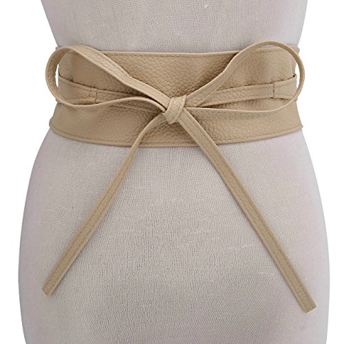 CHIC DIARY Fashion Women Faux Leather Bow Tie Waistband Elastic Stretch Waist Strap Cummerbund Waist Band Belt for Dress (Beige)