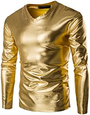 Porlox Mens Bronzing Shiny Costumes Cultivating Long Sleeve T Shirt Gold