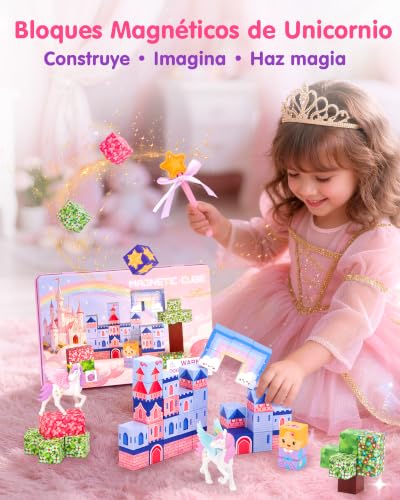 hahaland Construcciones Magneticas de Viaje, Unicornio Cubos Magneticos | 50 Piezas Magneticas Niños con 2 Unicornio, Juego Imanes Creativo, Bloques Magneticos Construccion para Niños 3 4 5 6 años