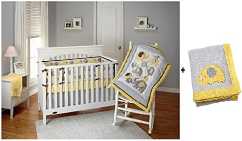 Little Bedding by NoJo Elephant Time 5-Piece Crib Bedding Set Bundle. Ideal Nursery Bed Set for Boy or Girl. Comfortable Crib Set. Yellow & Gray Colors Accents Your Nursery Furniture for the Baby Bedroom. Includes Soft Baby Blanket w/ Ensemble. by NoJo