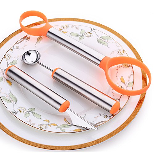 WAAO 3-in-1 Stainless Steel Melon Baller & Carving Knife & Fruit Scoop Set for Fruit Slicer Dig Pulp Separator and Carve