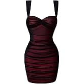 LAGSHIAN Women's Summer Sexy Bodycon Sleeveless Tank Straps Mesh Ruched Mini Party Dress