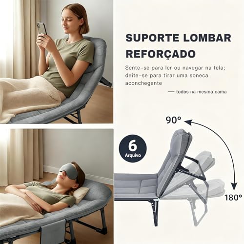 Cama Dobrável de Solteiro com Colchão Integrado, Estrutura de Aço Reforçada de 24mm e Suporte para até 220kg, Tecido de Linho e Oxford, Design de 8 Pés