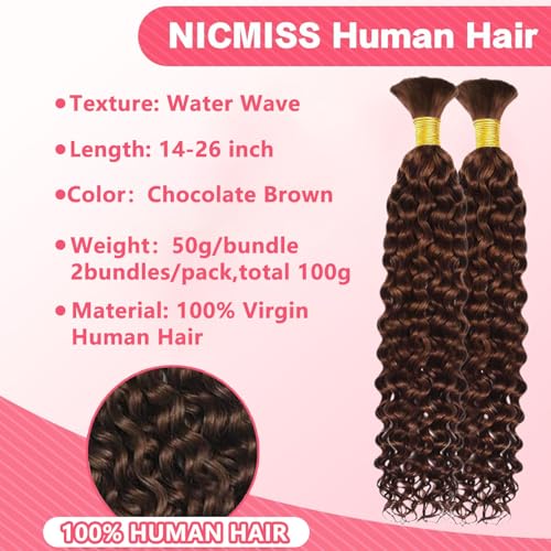 Human Braiding Hair 2 Bundle Water Wave Human Hair for Boho Braids Chocolate Brown Brazilian Virgin Curly Human Hair for Knotless Braids No Weft Boho Knotless Braids Bulk (22inch/100g)