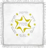 The Dreidel Company Matzah Cover Satin - White, Silver and Gold Embroidery Matzo Cover, 43cm