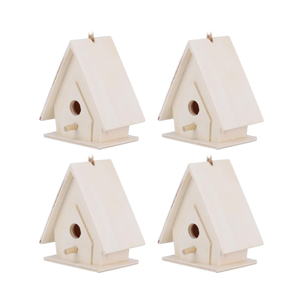 Tiiyee Bird Houses for Garden, 4 Pcs Small Wood Garden Nesting Box Wooden House Craft Kit Hanging Country Cottages Hummingbird Hut Used for DIY Home Decoration Outdoors Feeder Birdhouse