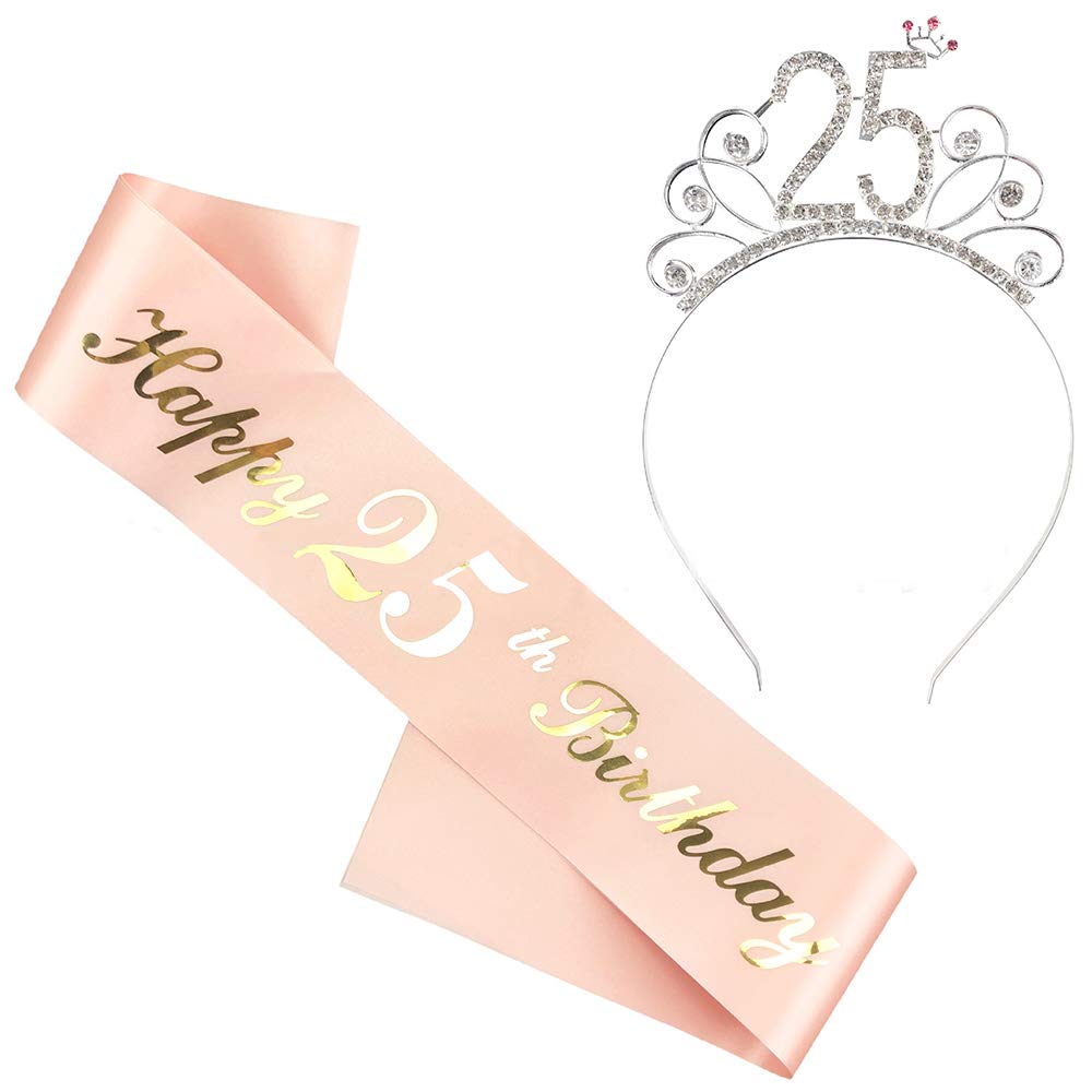 Huture Sash & Rhinestone Tiara Set 25 Years Birthday Gifts for Women Birthday Glitter Crown Girl Happy 25th Birthday Sash Birthday Etiquette Belt Glitter Birthday Sash for Women Party Supplies