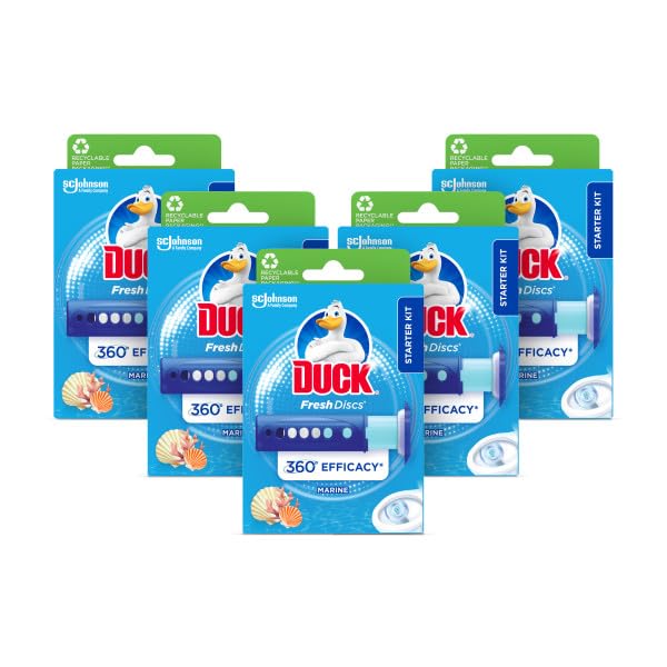 Duck Fresh Discs Toilet Cleaner Starter Kit, Fights Stains That Harbour Germs, Prevents Limescale Build Up, Marine, Pack of 5 (Each Kit contains 1 Holder + 1 Refill Tube)