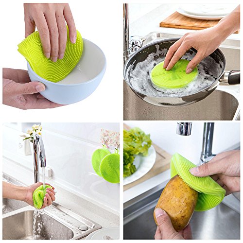 Reusable Silicone Food Storage Bags with Cleaning Scrubber Sponge - Fits Instant Pot, Accessories 8qt - Safe to Steam, Heat, Boil, Freeze, Sous Vide Cooking - Airtight Lunch Snack Container - Set 4+1