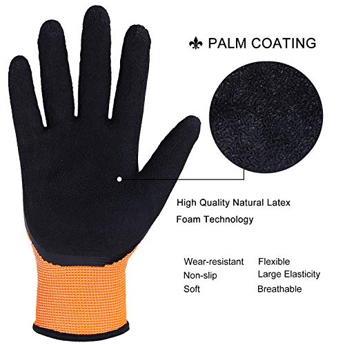 FWPP High Visibility Nylon Latex Foam Coated Work Gloves,Breathable Soft Wearproof Non-slip Comfortable Safety Protective Glove Pack of 6Pairs Large Fluorescence Orange