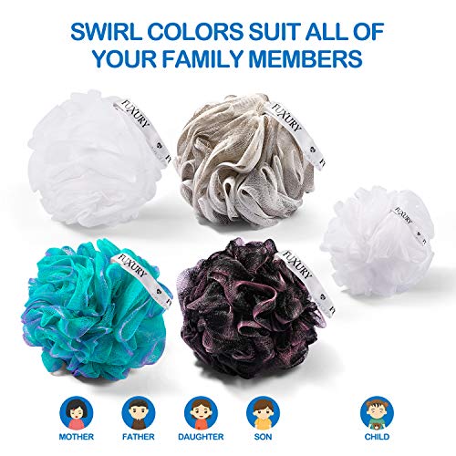 Fuxury 5 pcs Bath Sponges Shower Loofah Swirls Color Set, 4 pcs 60g Mesh Pouf + 1 pcs 20g for Baby or Face Washing
