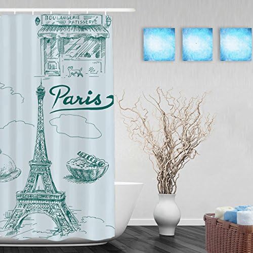 Vintage France-Original Hand Drawn Collection Bathroom Curtains Eiffel Tower Dcor Shower Curtain Waterproof Mildew Polyester Fabric 36"X72"Inch