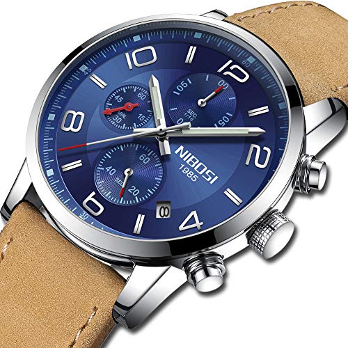 Men's Watches Luxury Fashion Casual Dress Chronograph Waterproof Military Quartz Wristwatches for Men Leather Band Black Color