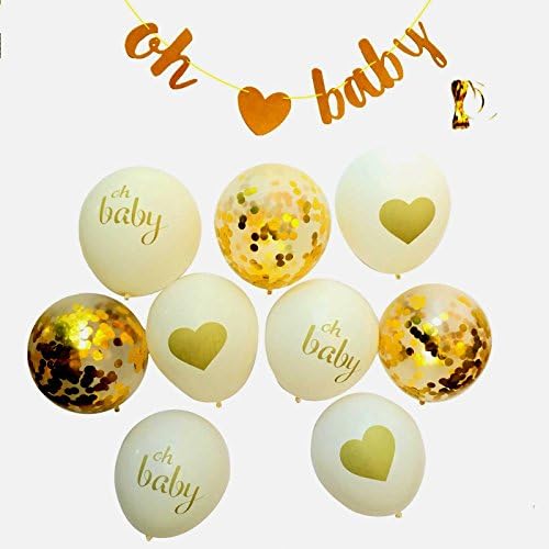 Baby Shower Decorations | Gold OH BABY Banner 9pcs Balloons (Confetti&amp;White&amp;Gold) and Gold Ribbon | Gender Reveal Party Set | Pregnancy Announcement Party Kit for Unisex
