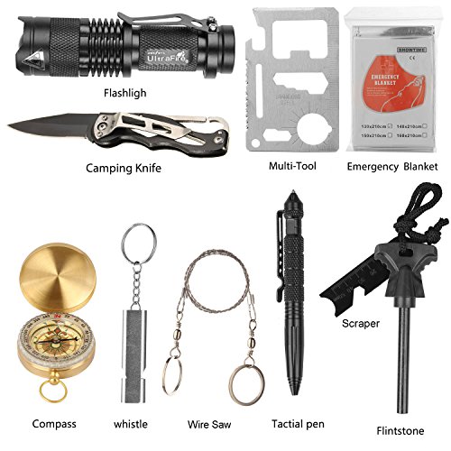 Halcent Survival Tools 11 In 1 Emergency Survival Kit with Fire Starter Emergency Blanket Compass etc Outdoor Wilderness Survival Kit for Camping Hiking Travelling