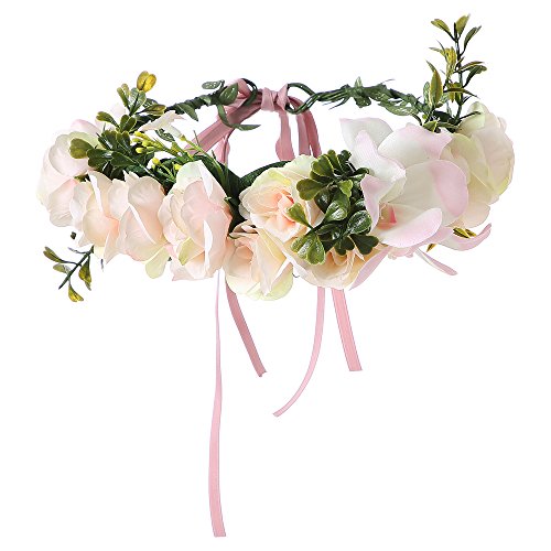 Felice Arts Handmade Boho Flower Headband Hair Wreath Halo Floral Garland Crown Headpiece with Adjustable Ribbon Festival Wedding Party, Champagne