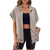 ROMRUM Women's Zip Up Sweatshirts Short Sleeve Lapel Oversized Summer Casual Loose Solid Sweatshirt Jacket with Pockets