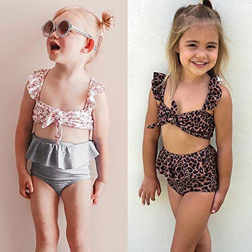 2Pcs Set Toddler Baby Girl Swimsuit Floral Leopard Ruffle Swimwear Bikini Tankini Sunsuit 2-3T
