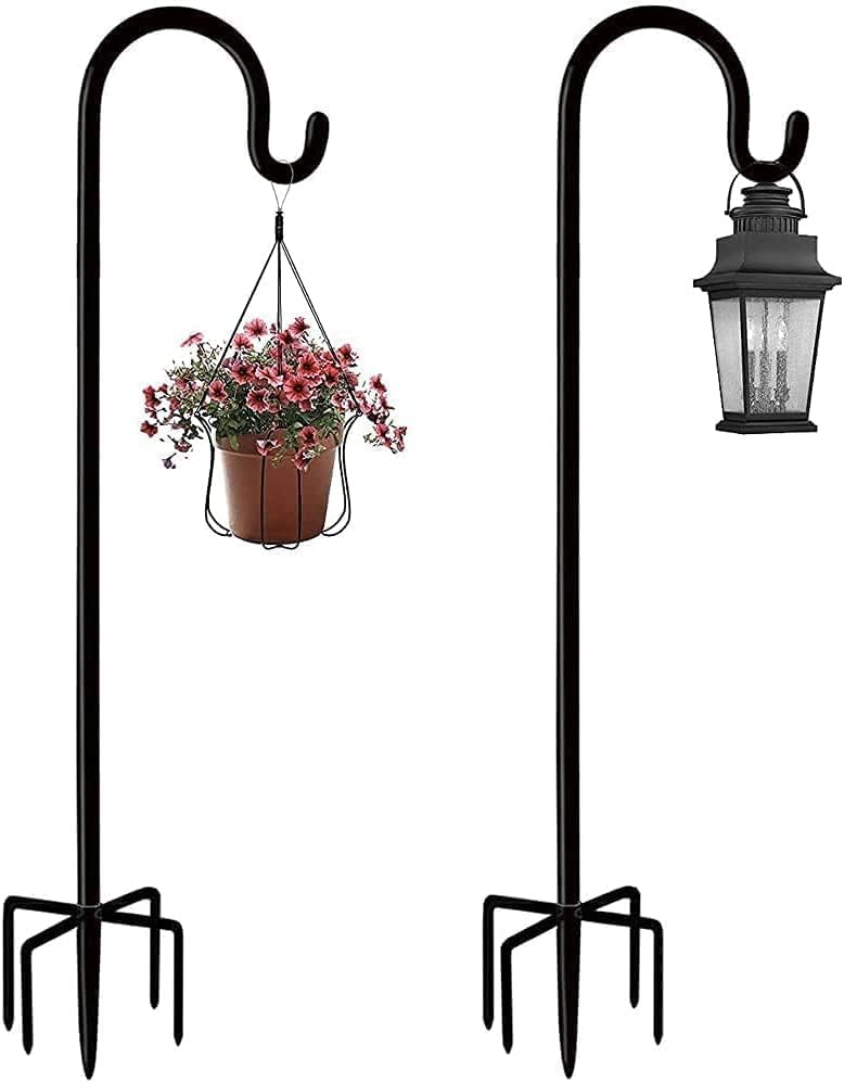 Outdoor Shepherd's Hooks - Garden Shepherd Hook Outdoor with 5 Prong Base, Bird Feeder Pole Hanger Holder Stand, Adjustable Heavy Duty Solar Light Plant Lantern Hanger Holder, Wedding Decor Matte Black (36 Inch- 2 Packs)