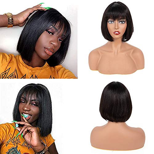 Jiao Li Brazilian Glueless Human Hair Bob Wig with Bang Yaki Machine Made Short Wigs (10, 1B)