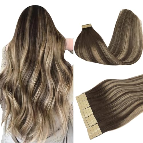 DOORES Hair Adhesives Extensions, Balayage Chocolate Brown to Honey Blonde 50cm 20 Inch 50g 20pcs, Remy Tape in Hair Extensions Natural Remy Straight Extensions