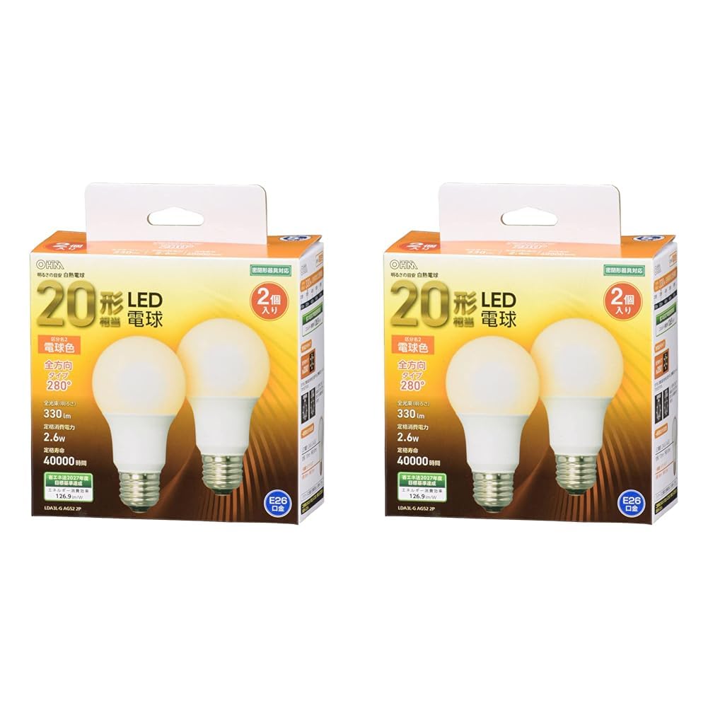 オーム電機 LED電球 E26 20形相当 電球色 全方向 2個入 LDA3L-G AG52 2P 06-4701 OHM (× 2)商品画像