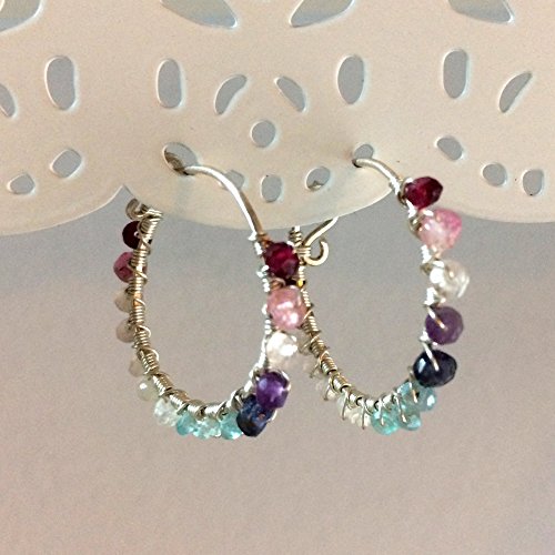 silver gemstone hoop earrings, small silver hoops, sterling silver with mixed gemstones, wire wrapped