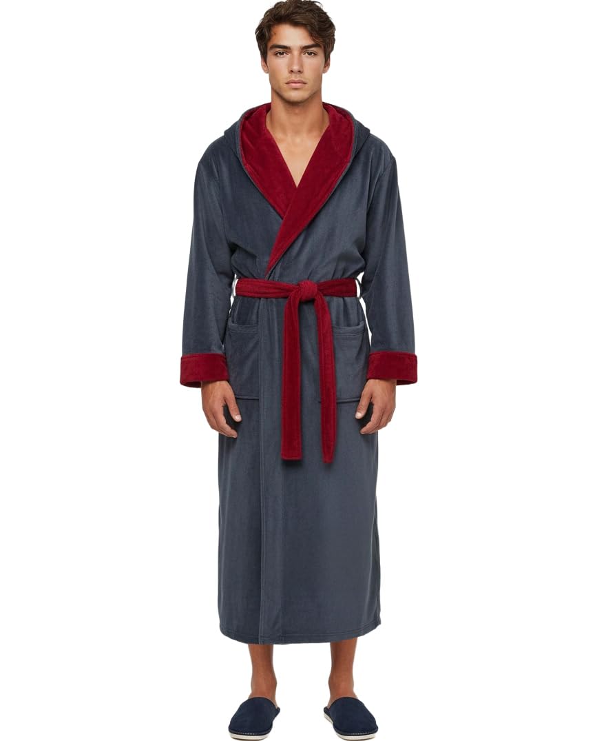 Alexander Del Rossa Mens Robe with Hood, Plush Fleece Hooded Mens Bathrobe, Big and Tall Bath Robes for Men, Blue and Burgundy, Medium Image