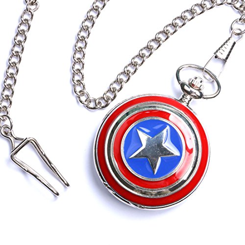 Conbays Silver Captain Cosplay Avengers Shield America Quartz Pocket Watch with Chain & Gift Box