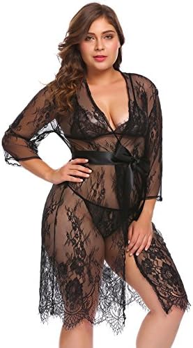 Plus Size Womens Lace Kimono Sexy Nightgown Transparent Mesh Lingerie Babydoll Sleepwear, Black, 24W