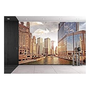 Chicago Skyline at Sunset - Removable Wall Mural | Self-Adhesive Large Wallpaper - 66x96 inches