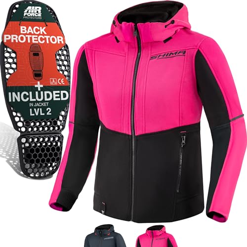 SHIMA DAYBREAKER LADY Motorcycle Hoodie for Women Armored Biker Hoodie Jacket FiberQL Aramid and Cooling layer, CE Back, Shoulder, Elbow Protectors, Zipper and Snap Closure (Black/Pink, M)