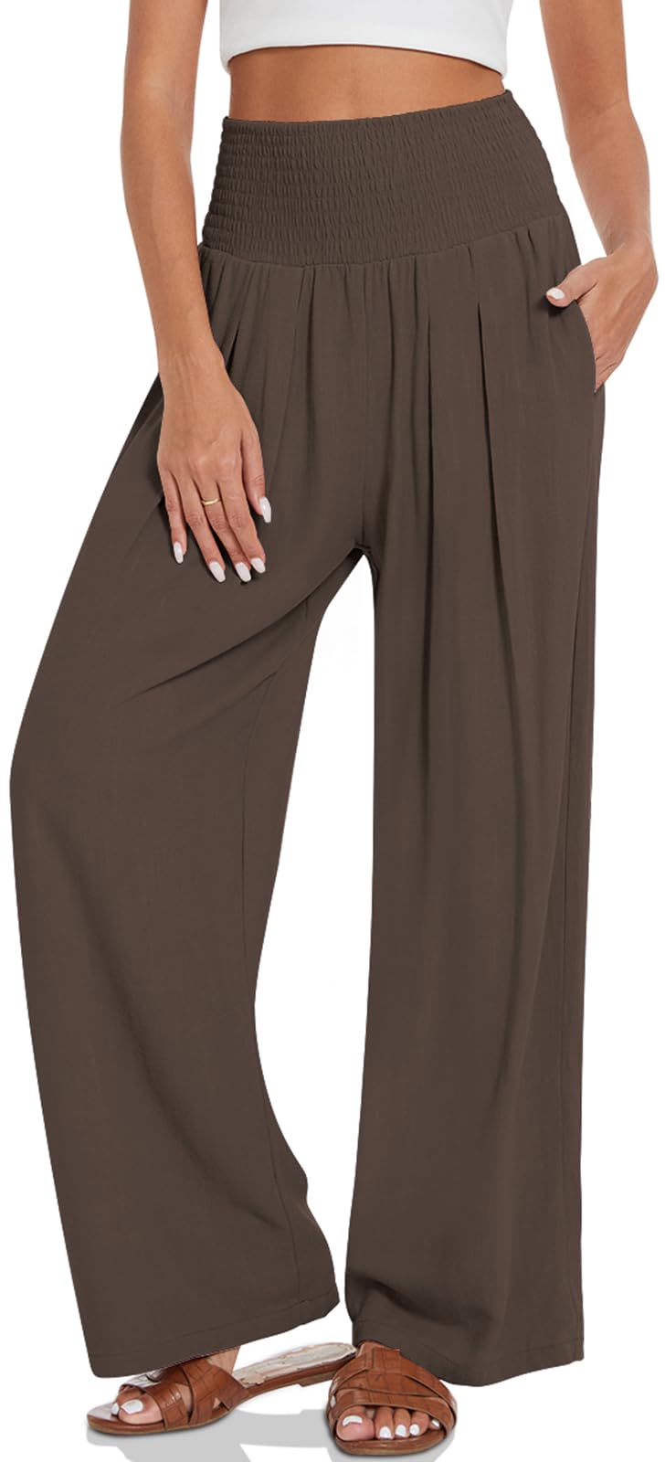 Photo 1 of **SIZE UNKNOWN** UEU Women's Linen Palazzo Pants Wide Leg High Waisted Lounge Flowy Resort Casual Beach Pants with Pockets Dark Coffee