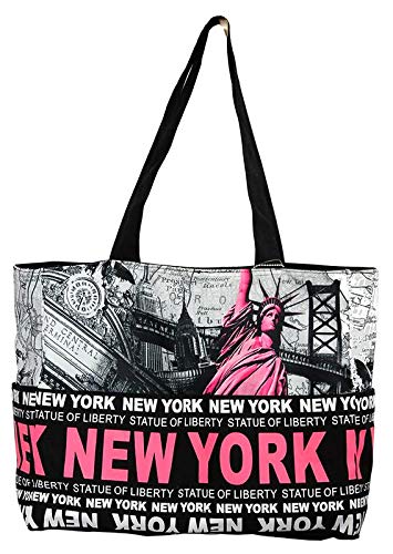 Robin Ruth NY Statue of Liberty Skyline Canvas Tote Shoulder Bag Black/Fuchsia