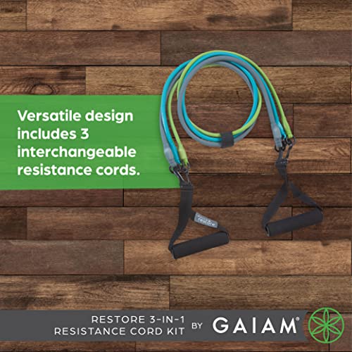 Gaiam Restore 3in1 Resistance Band Kit Exercise Cord with ComfortGrip Foam Handles and Easy