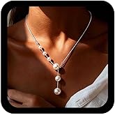 Jugielu Vintage Pearl Y Lariat Necklace Minimal Pearl Pendent Necklace Silver Snake Chain Necklaces Long Pearls Drop Necklaces Round Beads Choker Wedding Bridal Jewelry for Women