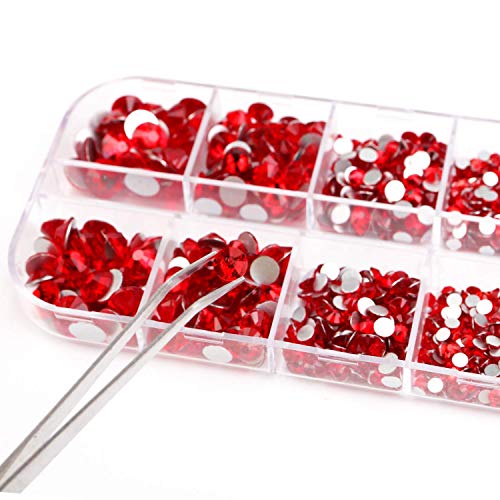 3000 PCS Rhinestones for Craft, Phogary Red & Black Flat Back Rhinestones 6 Sizes (2-5 mm) with Pick Up Tweezer for Crafts Nail Face Art Clothes Shoes Bags Phone Case DIY