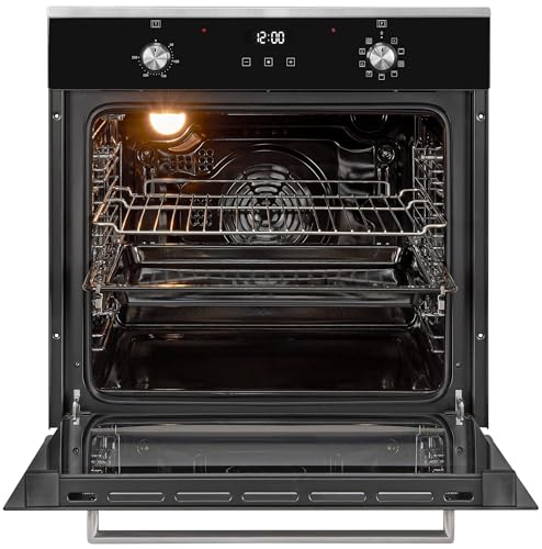 Exquisit® Four multifonction, 76 L, classe A, commandes sabotables, guides telescopiques, affichage numerique, 9 fonctions, decongelation et pizza, eclairage LED, dimensions 59,5 x 59,5 x 56,7 cm.
