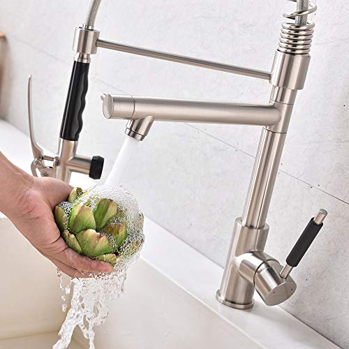 Ufaucet Commercial High Arc Heavy Spiral Spring Stainless Steel Brushed Nickel Single Handle Pre Rinse Pull Out Kitchen Faucet,Pull Down Kitchen Sink Faucet with Sprayer