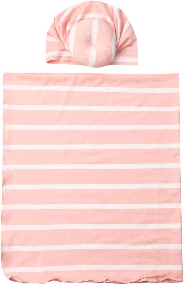 Gueuusu Newborn Receiving Blanket Headband Set Striped Knitted Baby Swaddle Receiving Blankets (Pink Striped, 0-3M)