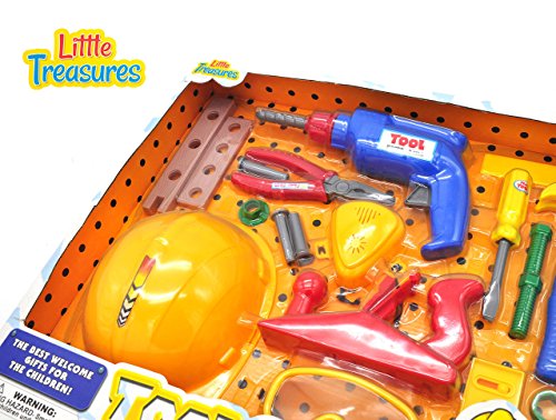 Fun Tool Set - Best welcome gift for children of age 3+ - working drill, working cap, hammer, screws, pliers, nails, and wood planer in an educational game for preschoolers and parents together