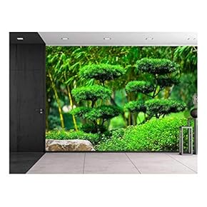 Serene Japanese Garden with Sculpted Trees - Wall Mural, Removable Sticker, Home Decor - 66x96 inches