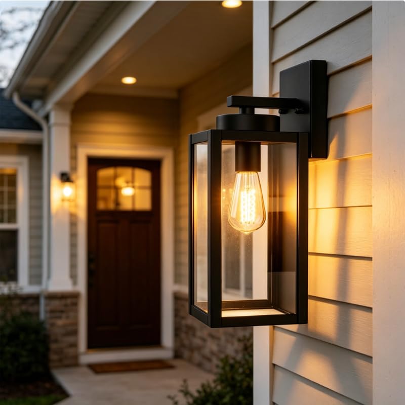 XZM Waterproof Outdoor Wall Light Fixture 2 Pack, Black Exterior Porch Light Wall Sconce with Clear Glass, Anti-Rust Weatherproof E27 Base for House Front Door Patio Garage Garden (2 Pack)