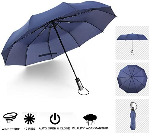 Big Windproof Umbrella Travel Large Folding Auto Open Close 10 Ribs Portable Lightweight Compact Sun Rain Protection Stick Umbrella (Blue)
