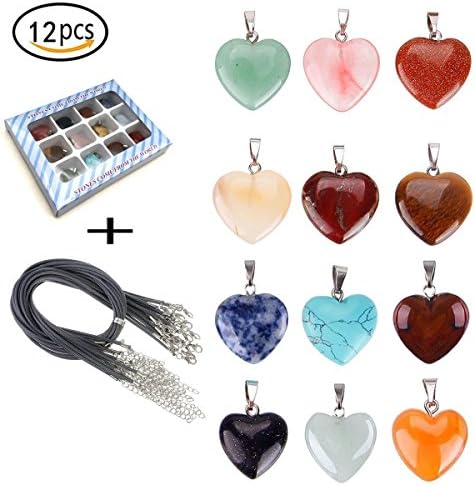 Tpocean 12PCS Heart Stone Necklace Healing Chakra Crystal Stones for Jewelry Making Charms with 18 Inch Black Leather Cord for Women Girls