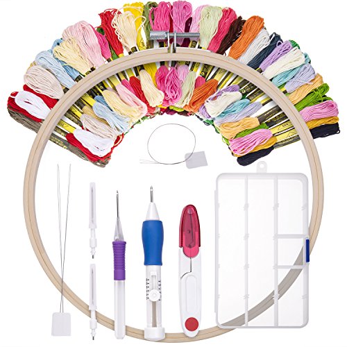 Canomo Embroidery Stitching Punch Needle Pen Set, 8 Inch Bamboo Embroidery Hoop and 50 Skeins Embroidery Thread for Embroidery Threaders DIY Sewing